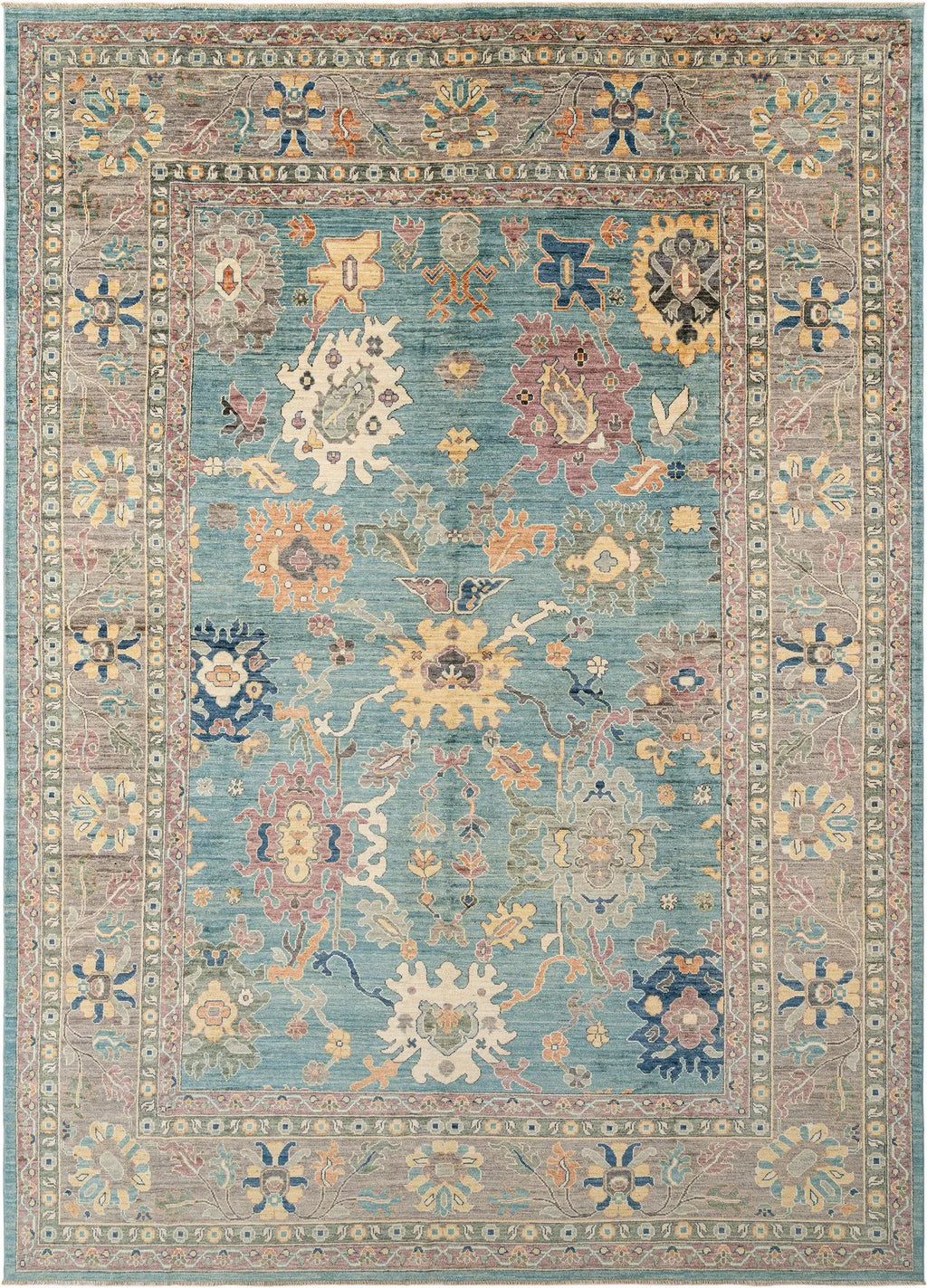 Silver Grey Color Oushak Hand-Knotted Wool Rug