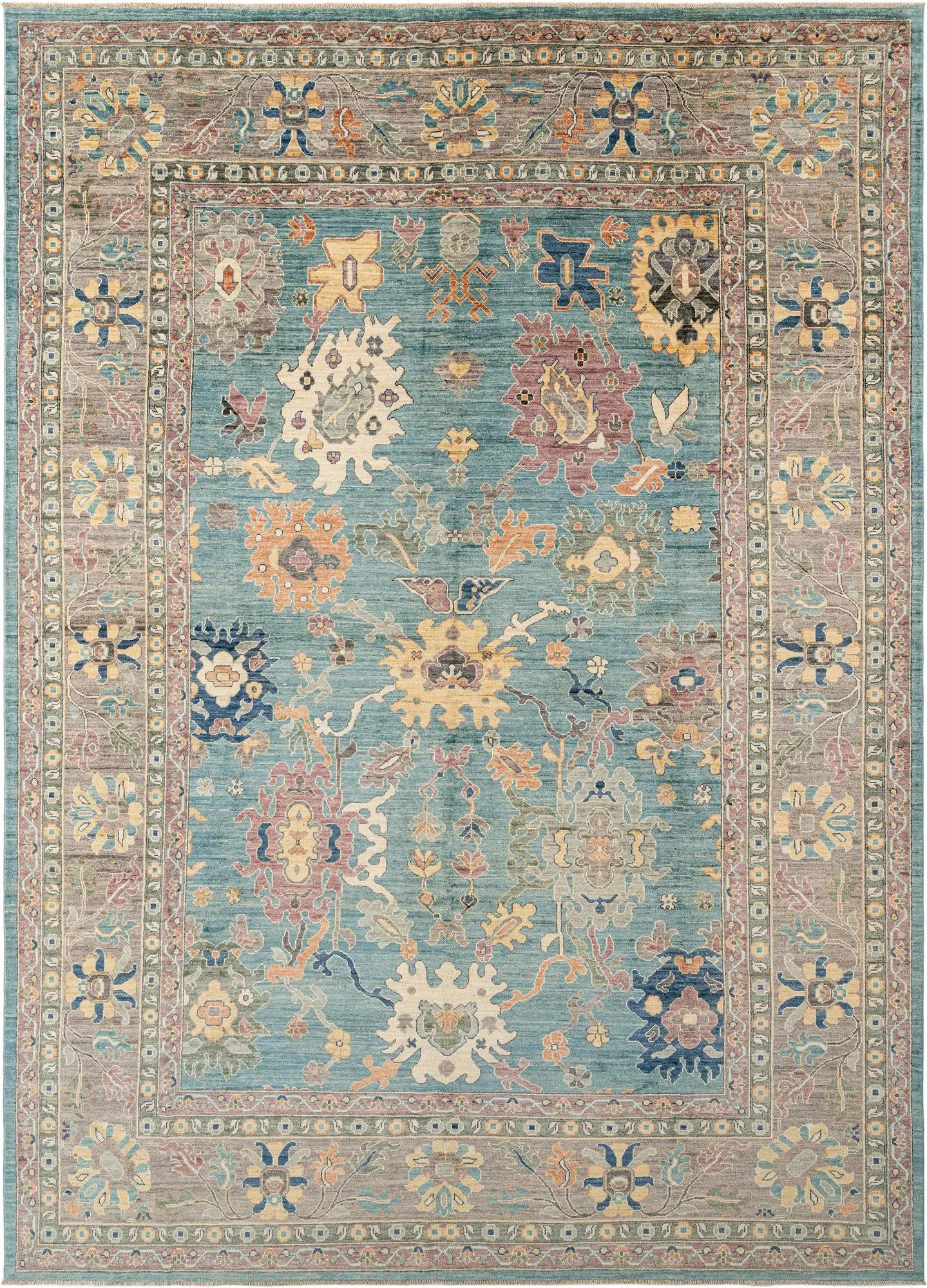 Silver Grey Color Oushak Hand-Knotted Wool Rug