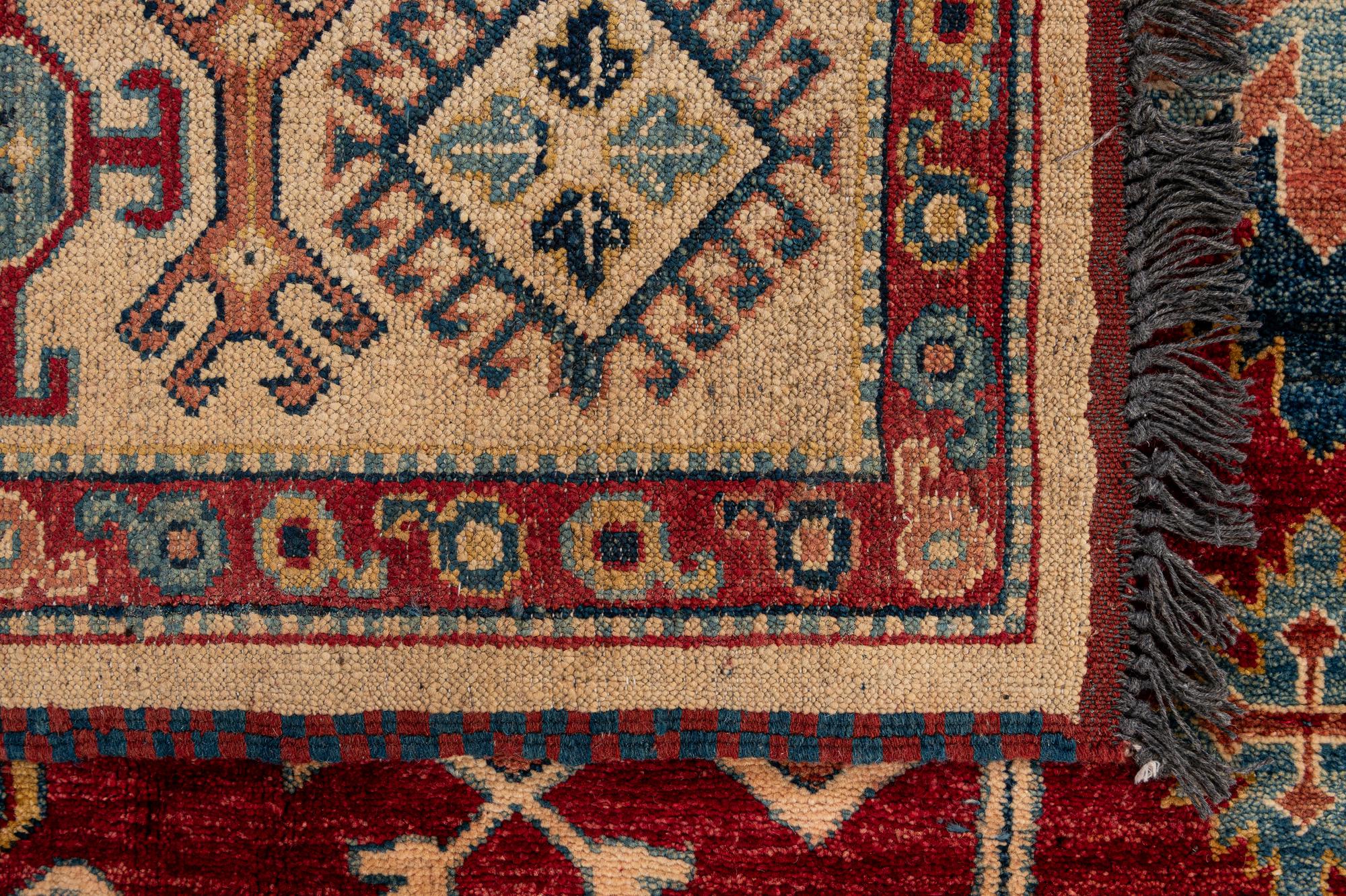 Red Color Kazak Hand-Knotted Wool Rug