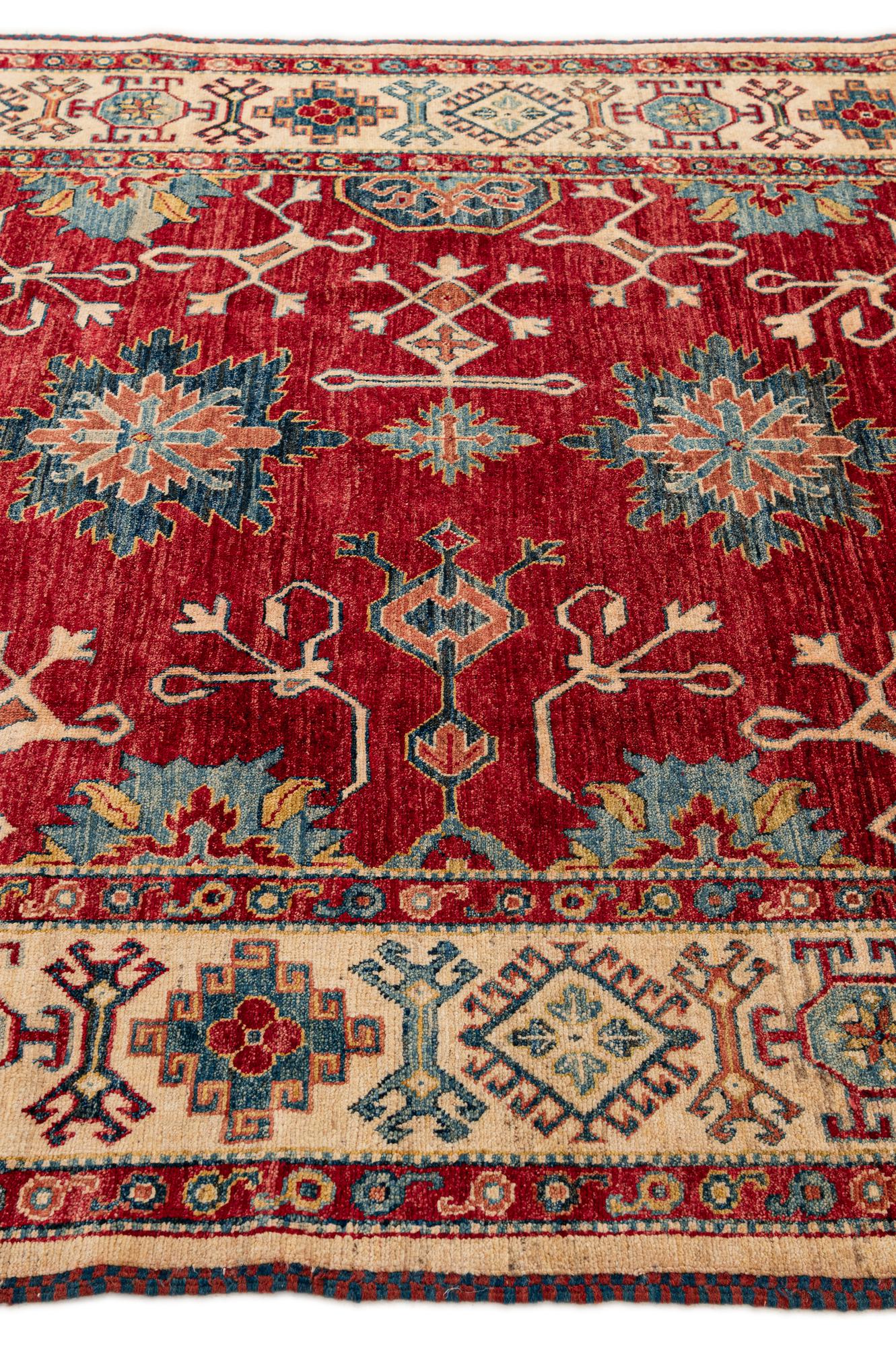 Red Color Kazak Hand-Knotted Wool Rug