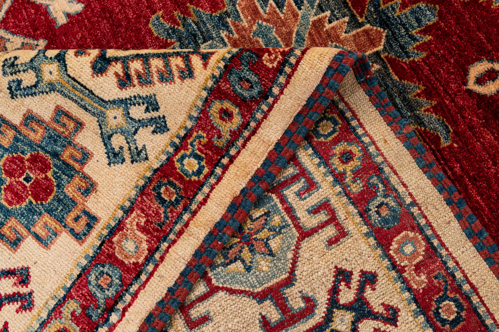 Red Color Kazak Hand-Knotted Wool Rug
