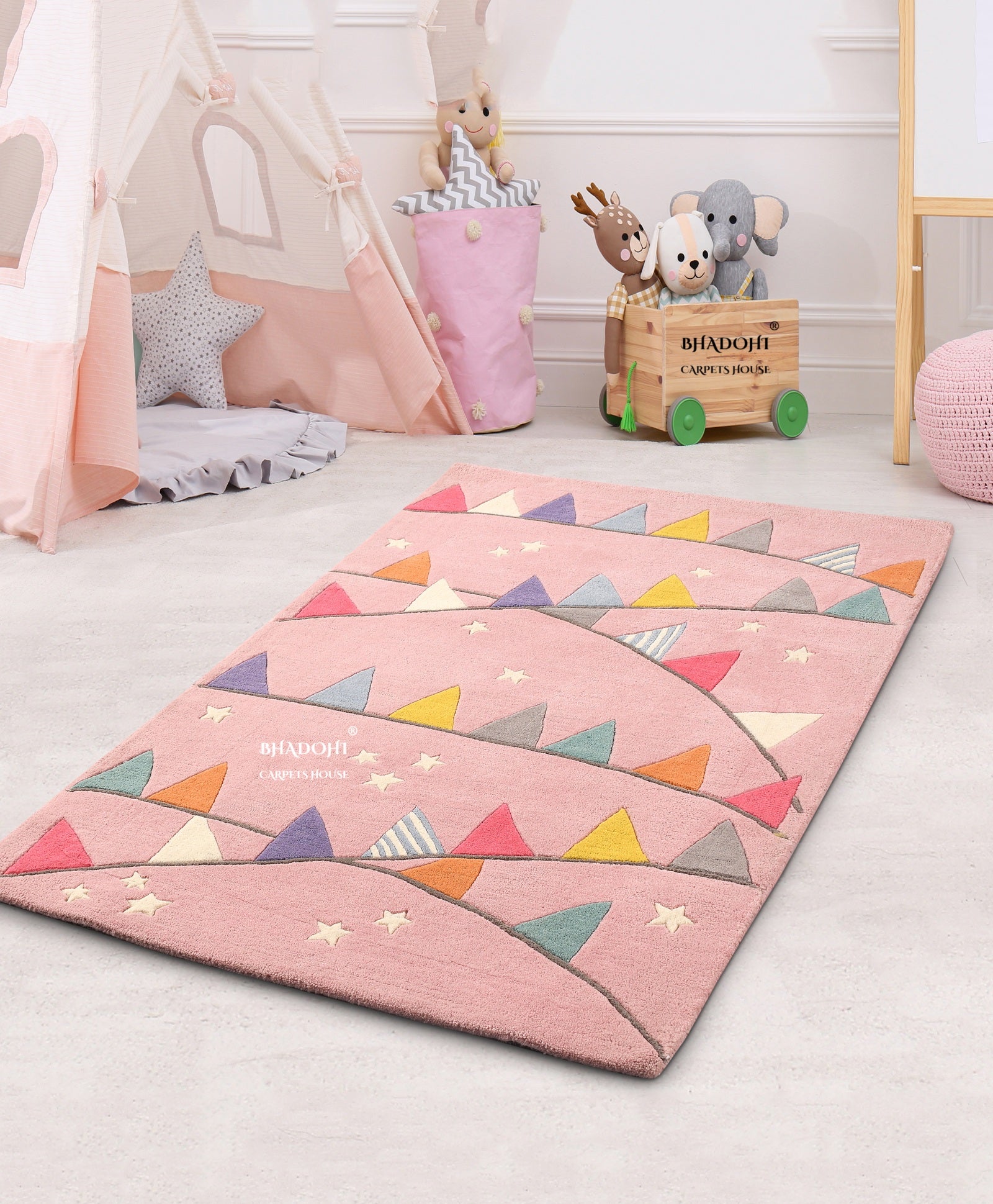 Pink Flags – Handmade Wool Nursery Rug, Baby Room, Kid’s Room, Playroom, Child’s Space Area Rug, Toddler Bedroom Carpets – Perfect for Children's Room Décor
