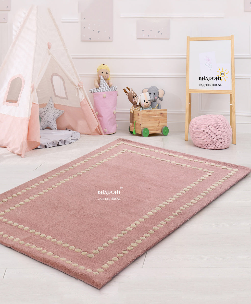 Pink Border – Handmade Wool Nursery Rug, Baby Room, Kid’s Room, Playroom, Child’s Space Area Rug, Toddler Bedroom Carpets – Perfect for Children's Room Décor