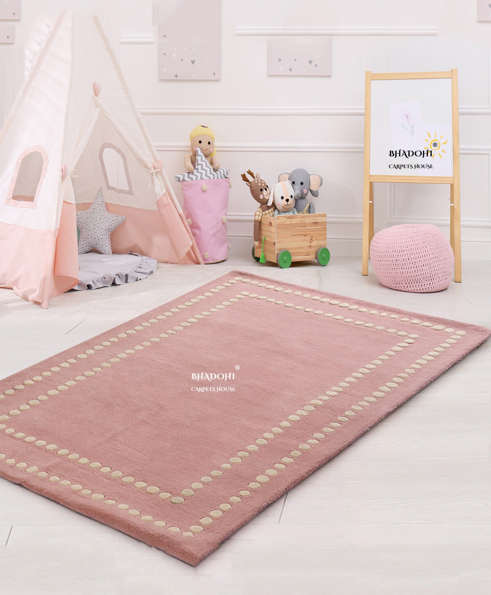 Pink Border – Handmade Wool Nursery Rug, Baby Room, Kid’s Room, Playroom, Child’s Space Area Rug, Toddler Bedroom Carpets – Perfect for Children's Room Décor