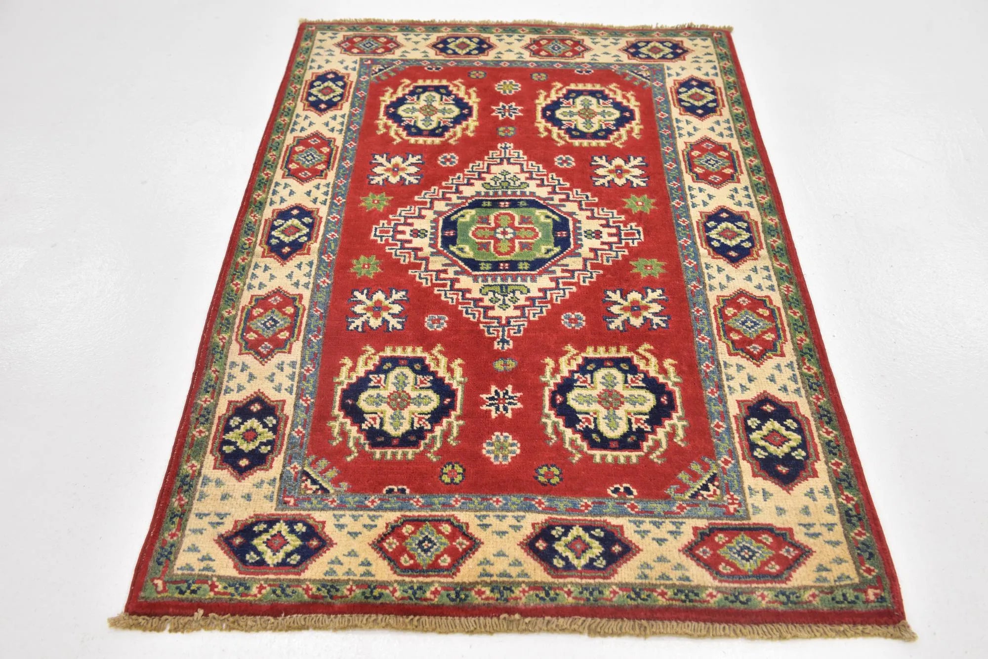 Red Color Kazak Hand-Knotted Wool Rug