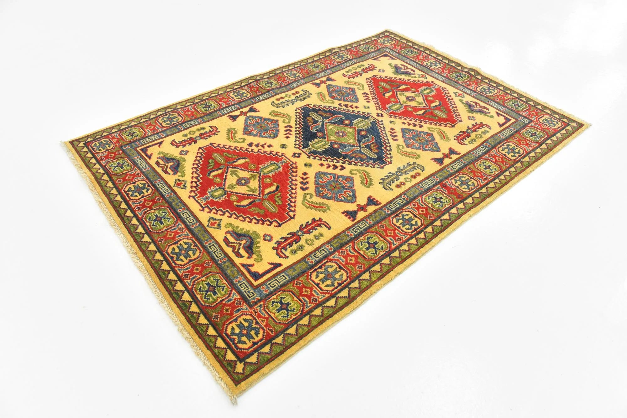 Yellow Color Kazak Hand-Knotted Wool Rug