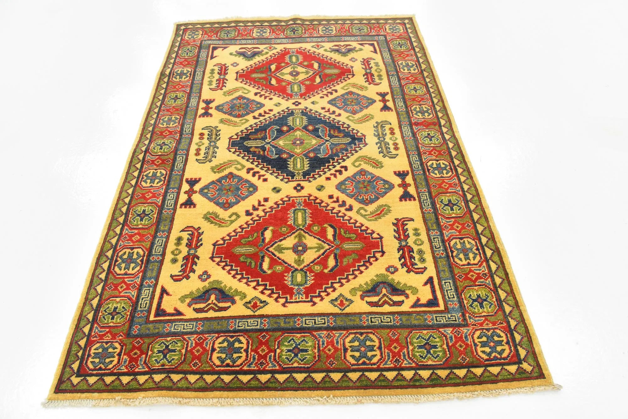 Yellow Color Kazak Hand-Knotted Wool Rug