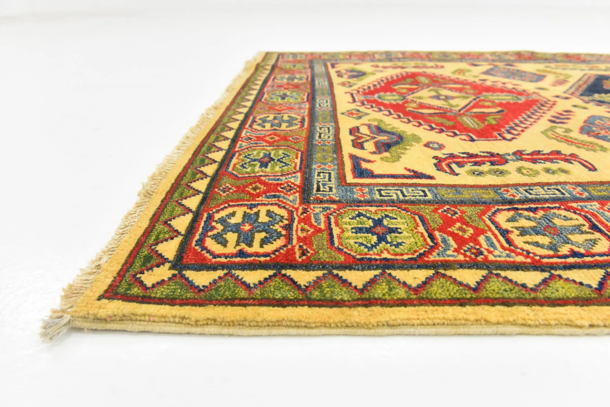 Yellow Color Kazak Hand-Knotted Wool Rug