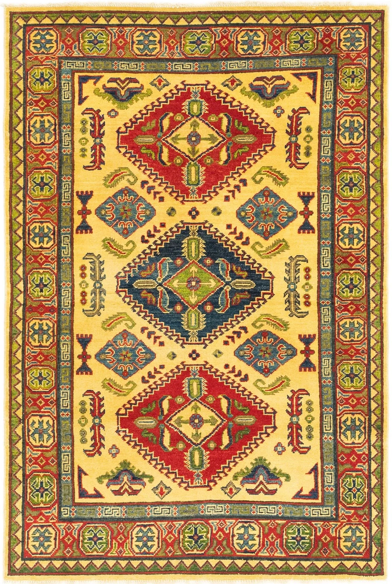 Yellow Color Kazak Hand-Knotted Wool Rug