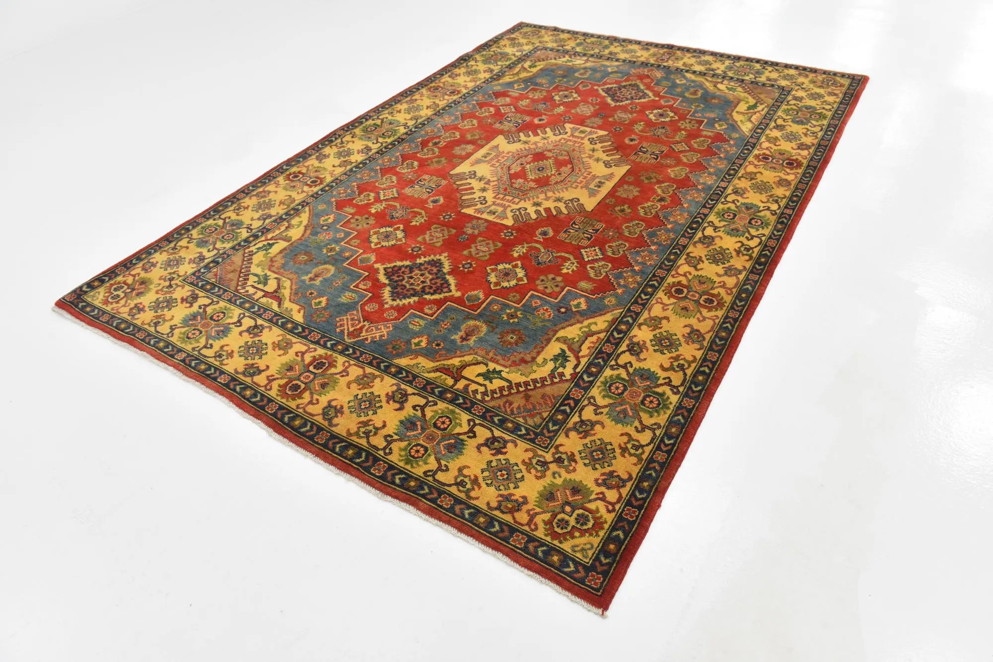 Red & Yellow Color Kazak Hand-Knotted Wool Rug