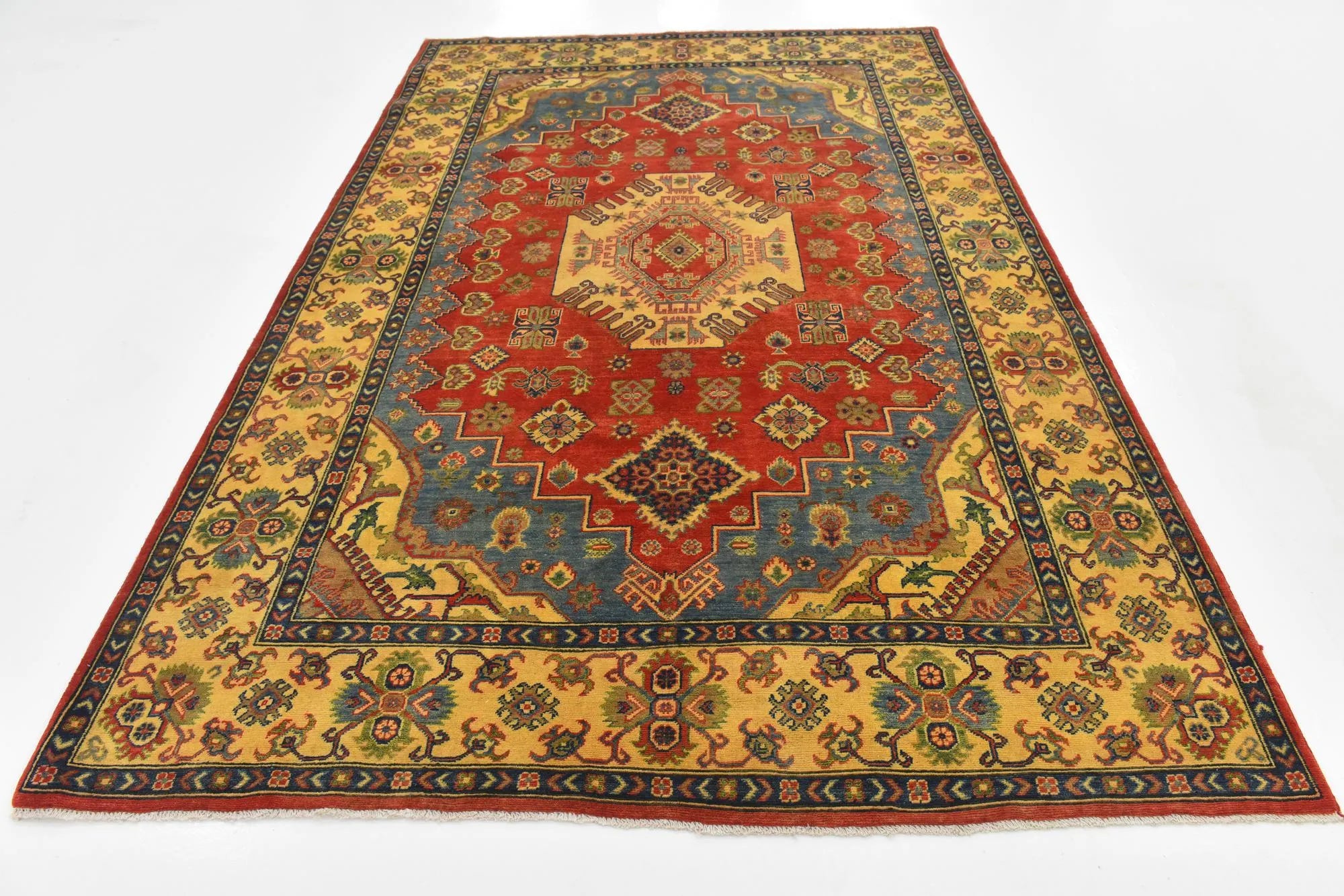 Red & Yellow Color Kazak Hand-Knotted Wool Rug