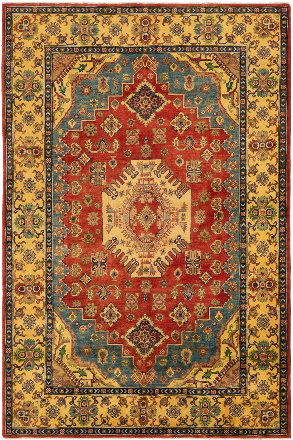Red & Yellow Color Kazak Hand-Knotted Wool Rug