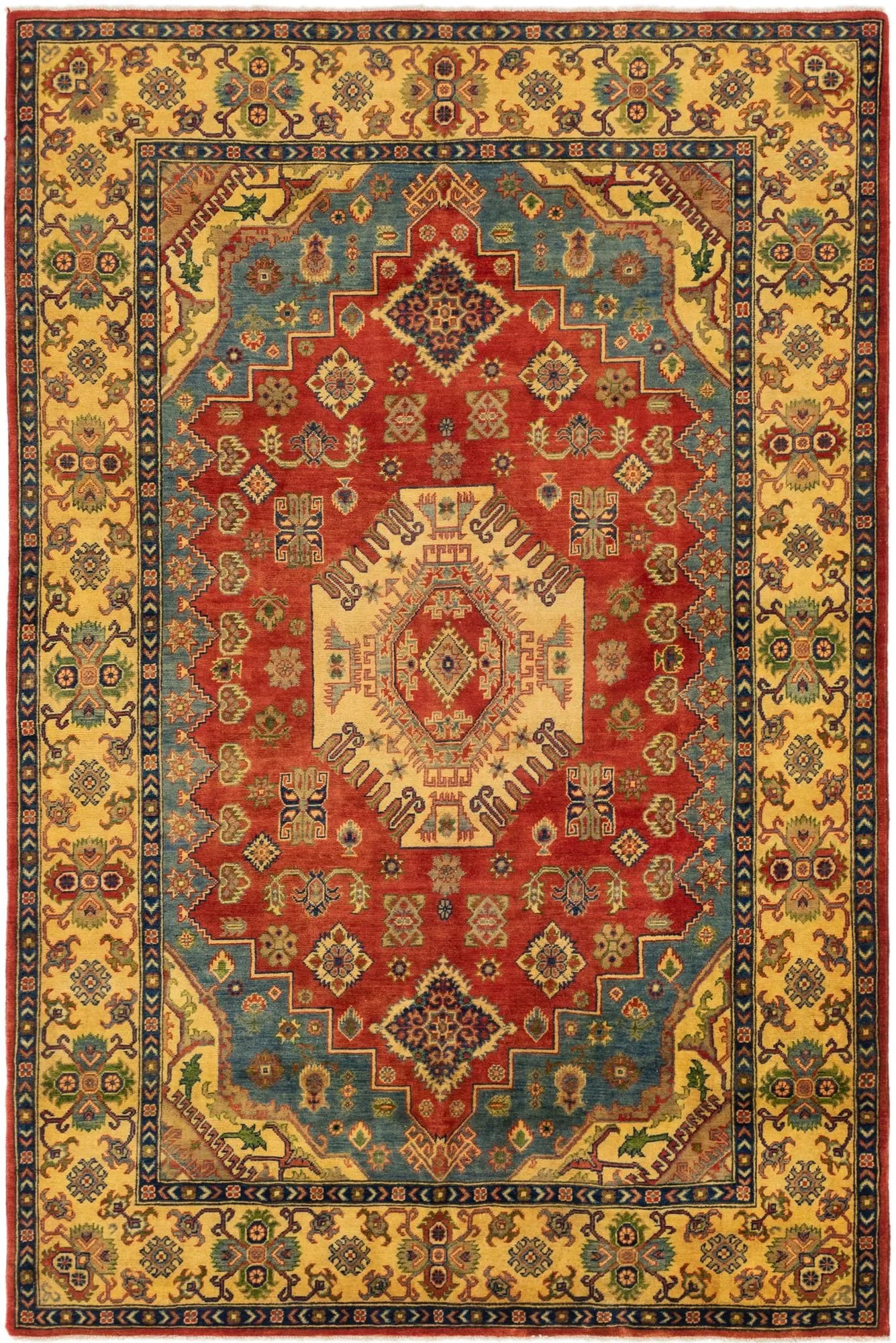 Red & Yellow Color Kazak Hand-Knotted Wool Rug