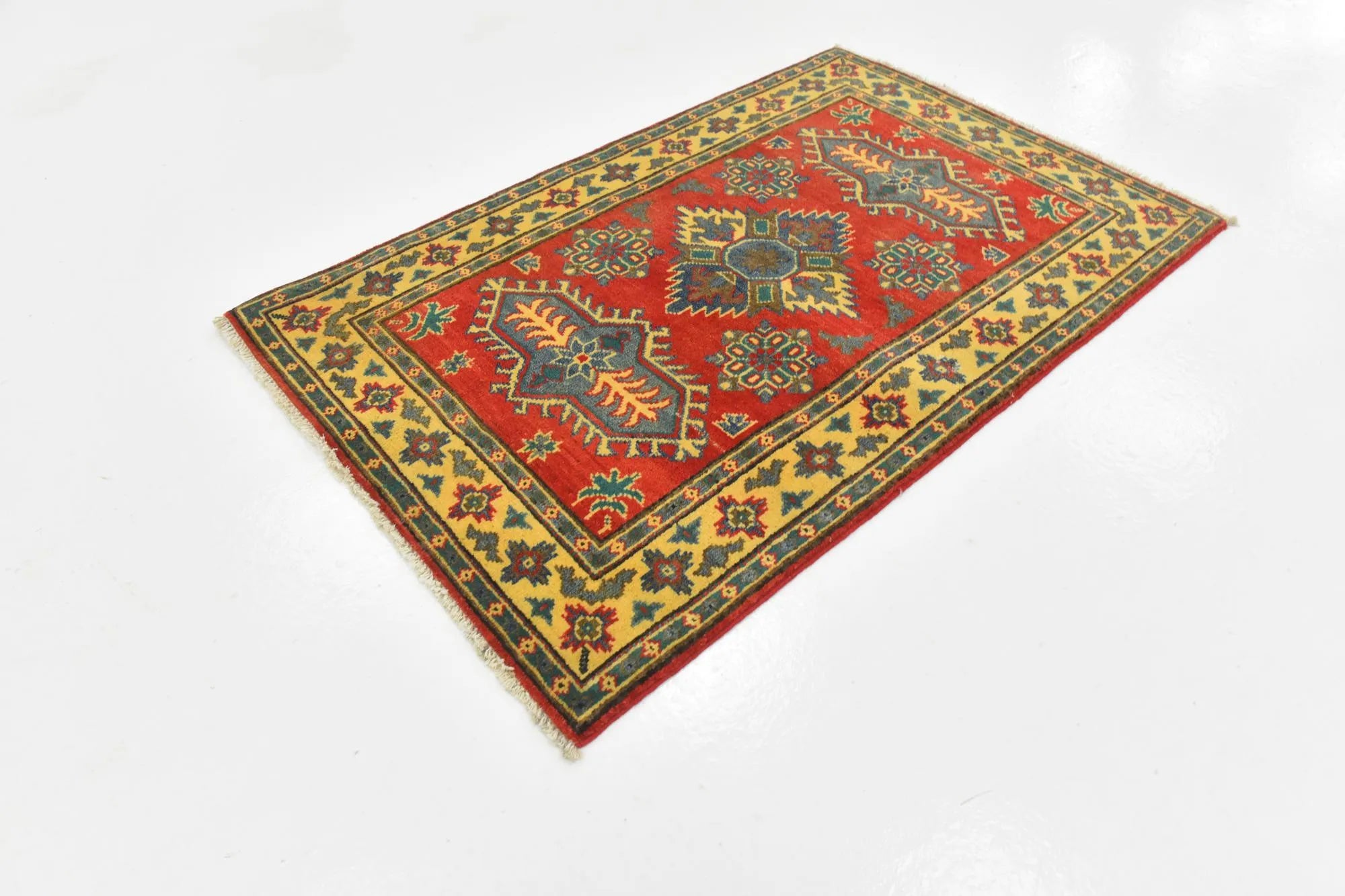Red & Yellow Color Kazak Hand-Knotted Wool Rug