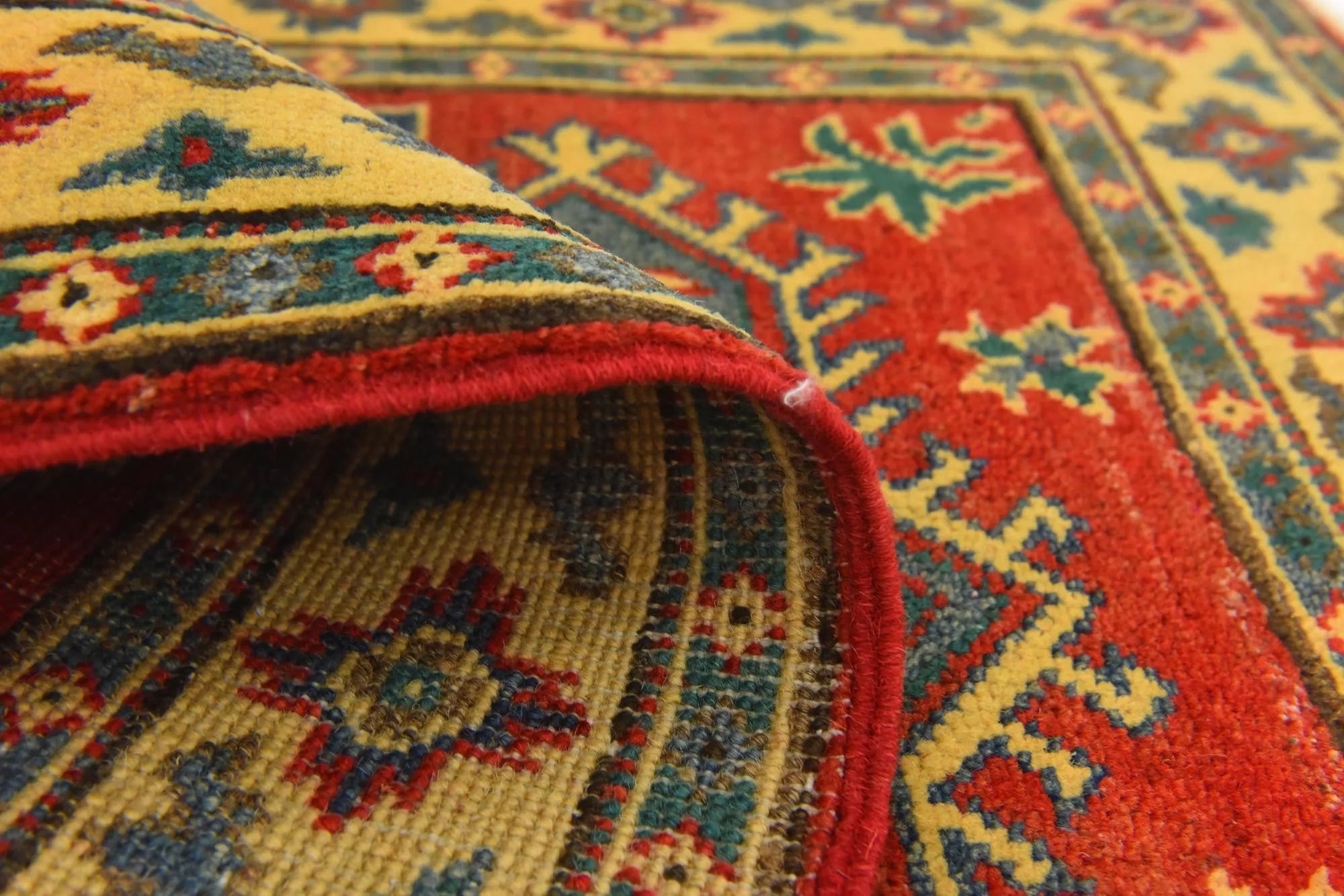 Red & Yellow Color Kazak Hand-Knotted Wool Rug