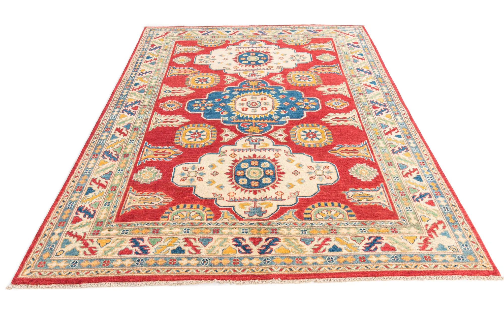 Red & Yellow Color Kazak Hand-Knotted Wool Rug