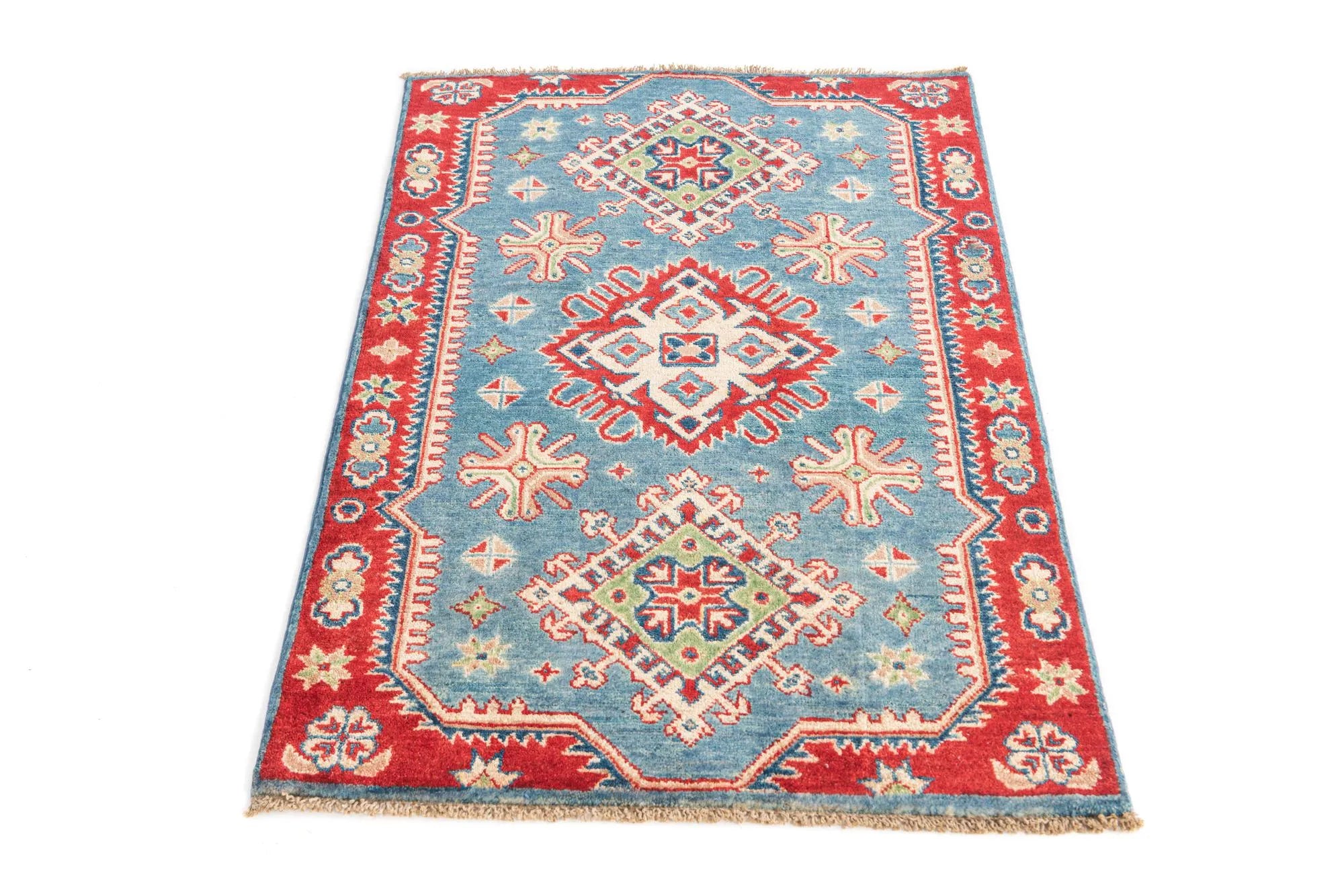 Blue & Red Color Kazak Hand-Knotted Wool Rug