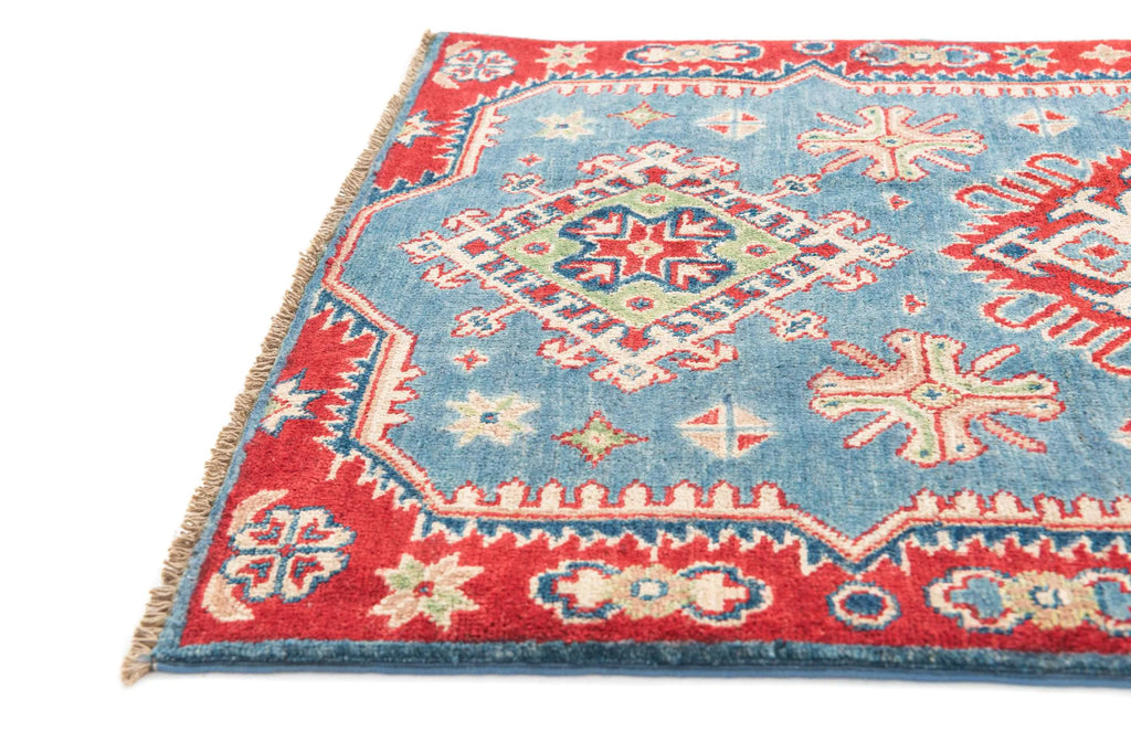 Blue & Red Color Kazak Hand-Knotted Wool Rug