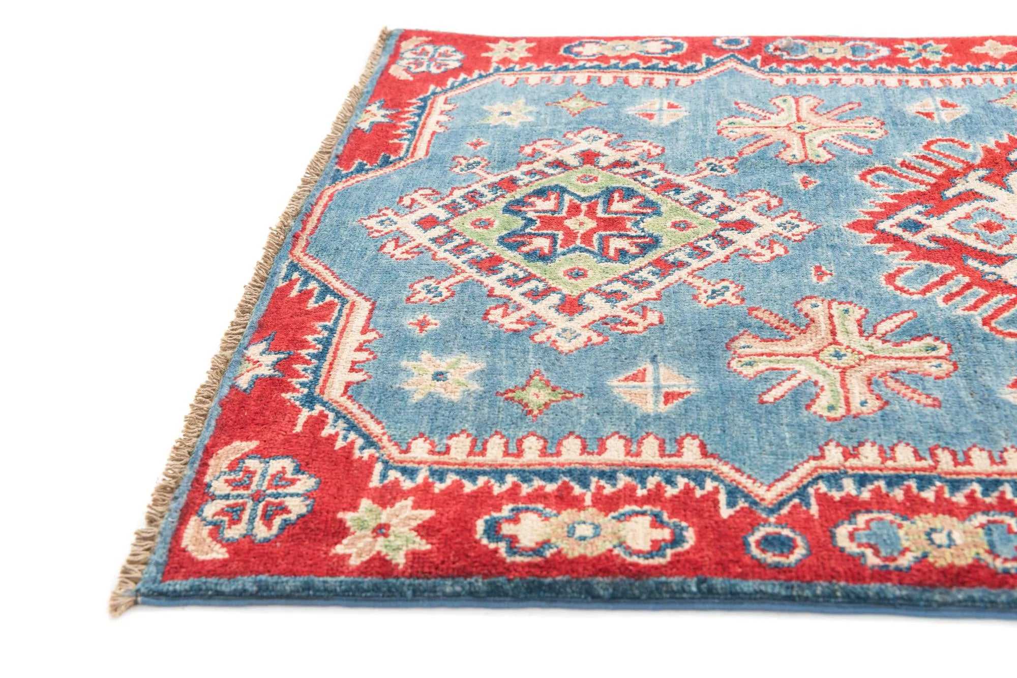Blue & Red Color Kazak Hand-Knotted Wool Rug