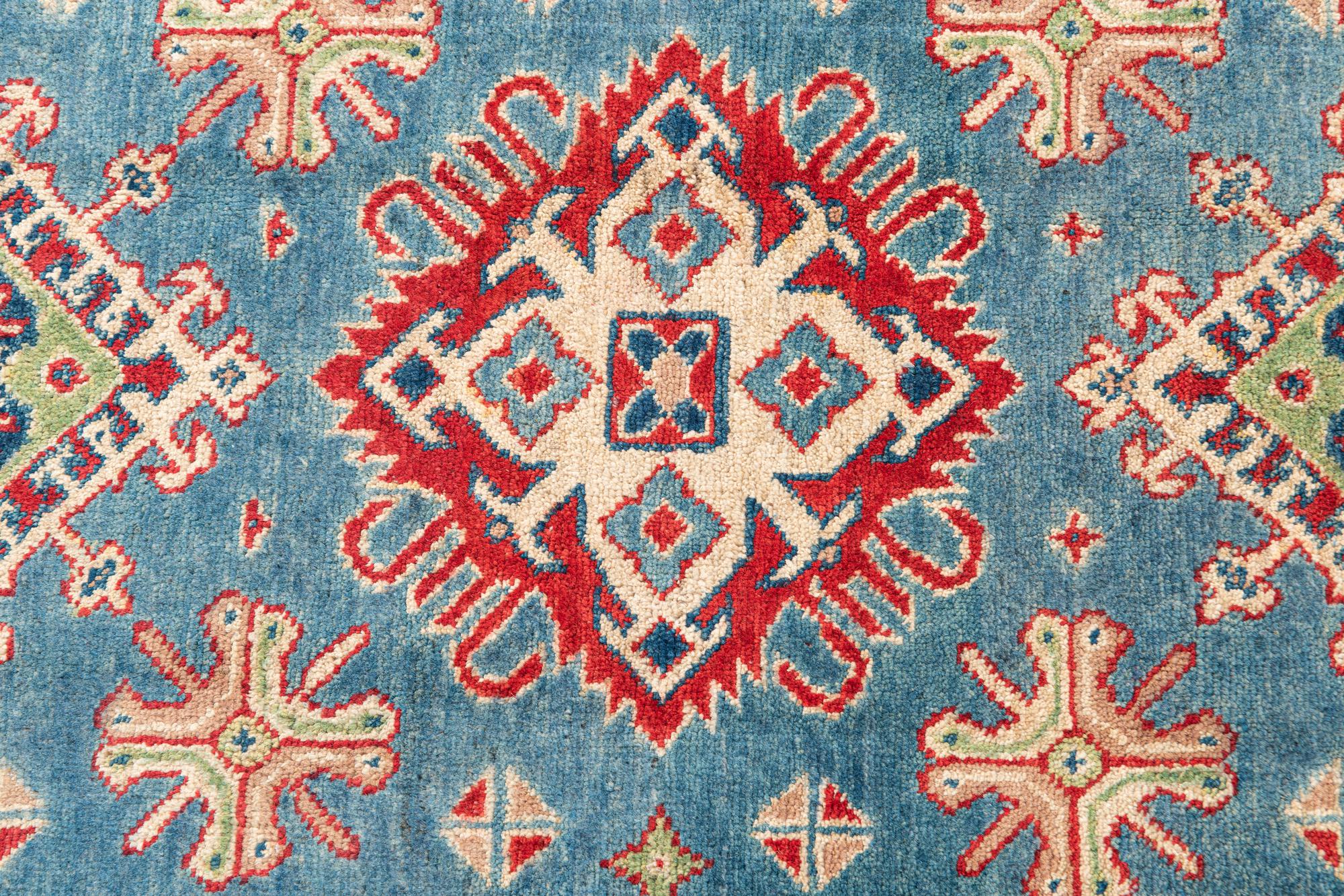 Blue & Red Color Kazak Hand-Knotted Wool Rug