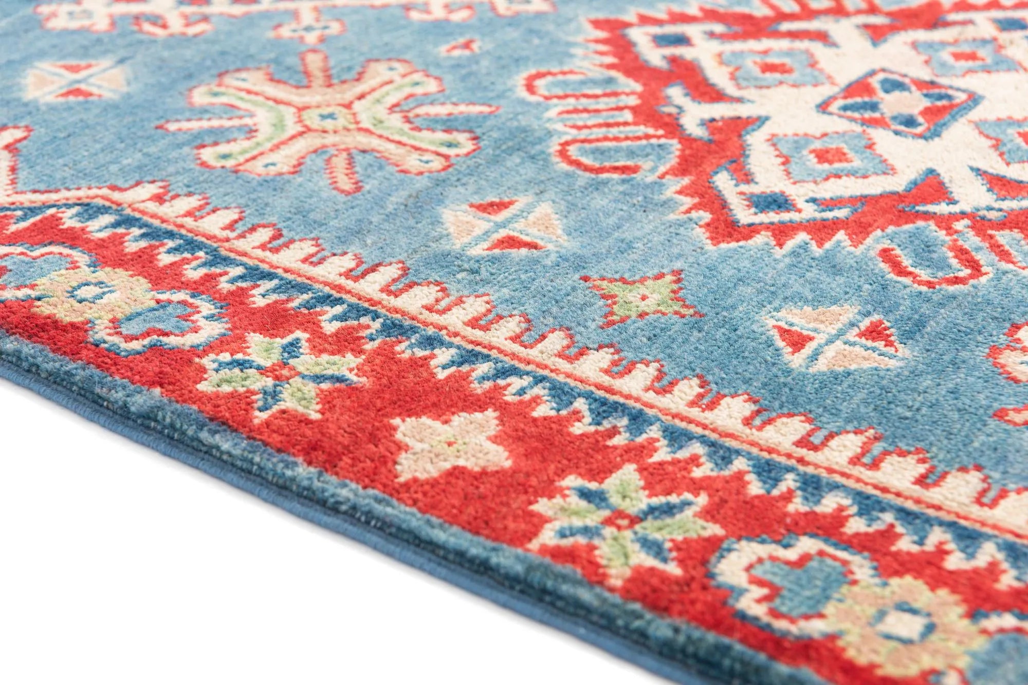 Blue & Red Color Kazak Hand-Knotted Wool Rug