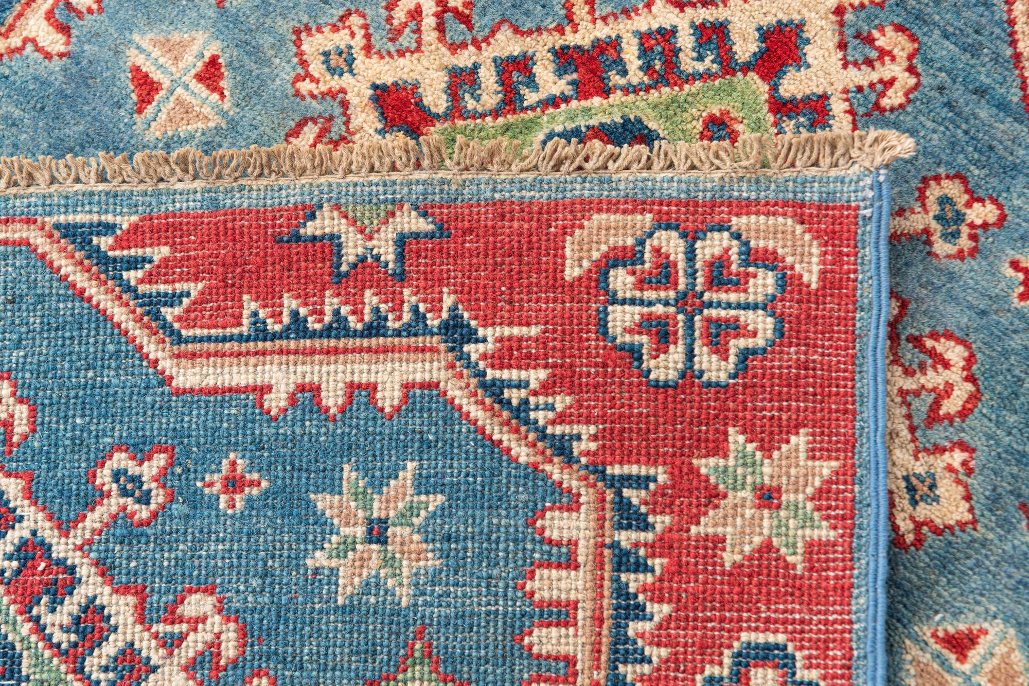 Blue & Red Color Kazak Hand-Knotted Wool Rug