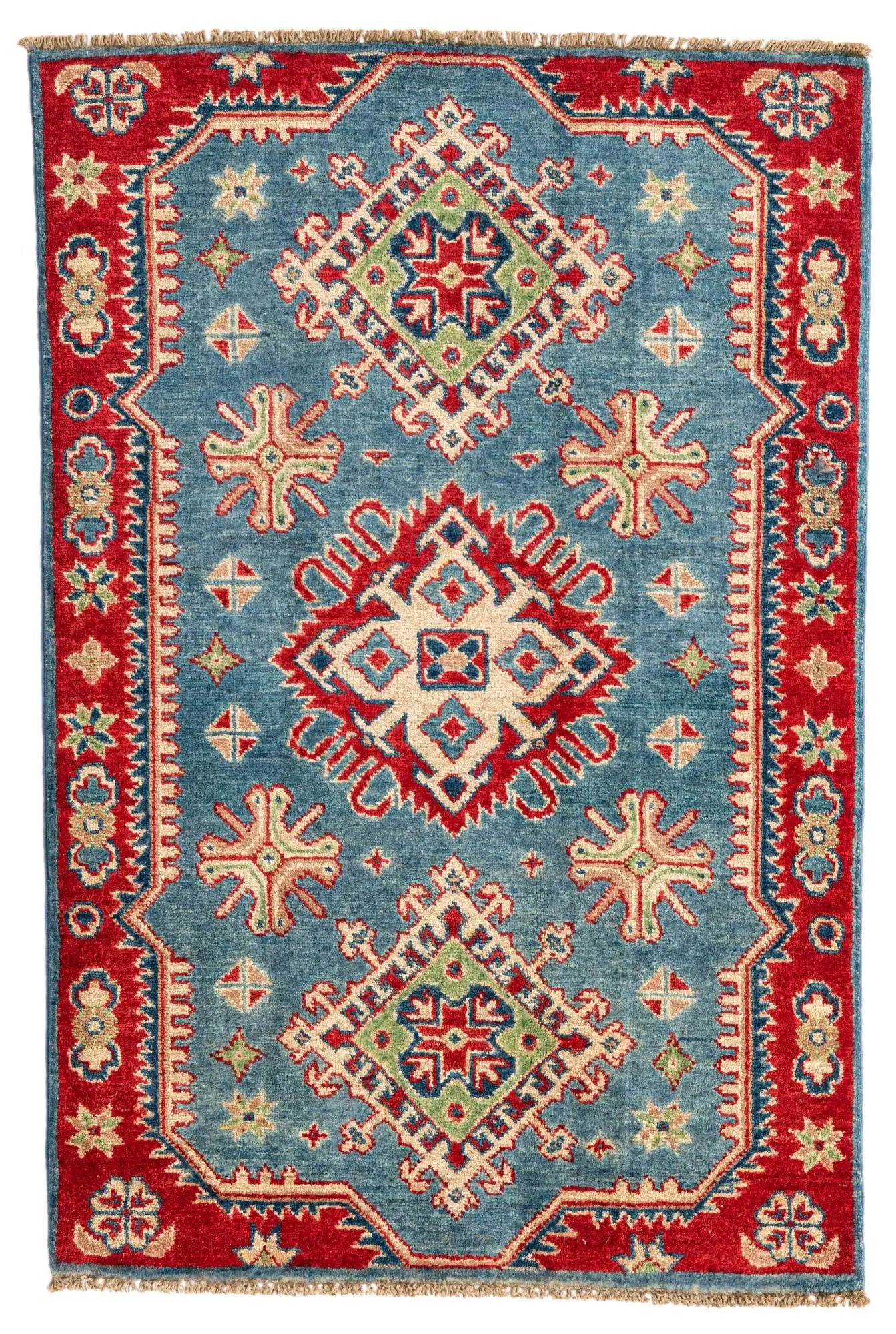 Blue & Red Color Kazak Hand-Knotted Wool Rug