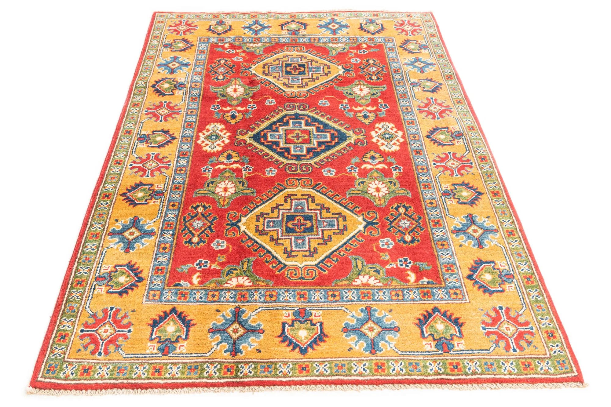 Red & Yellow Color Kazak Hand-Knotted Wool Rug