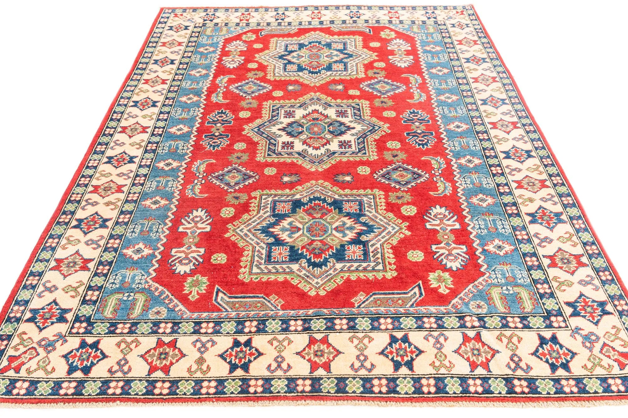 Red Color Kazak Hand-Knotted Wool Rug