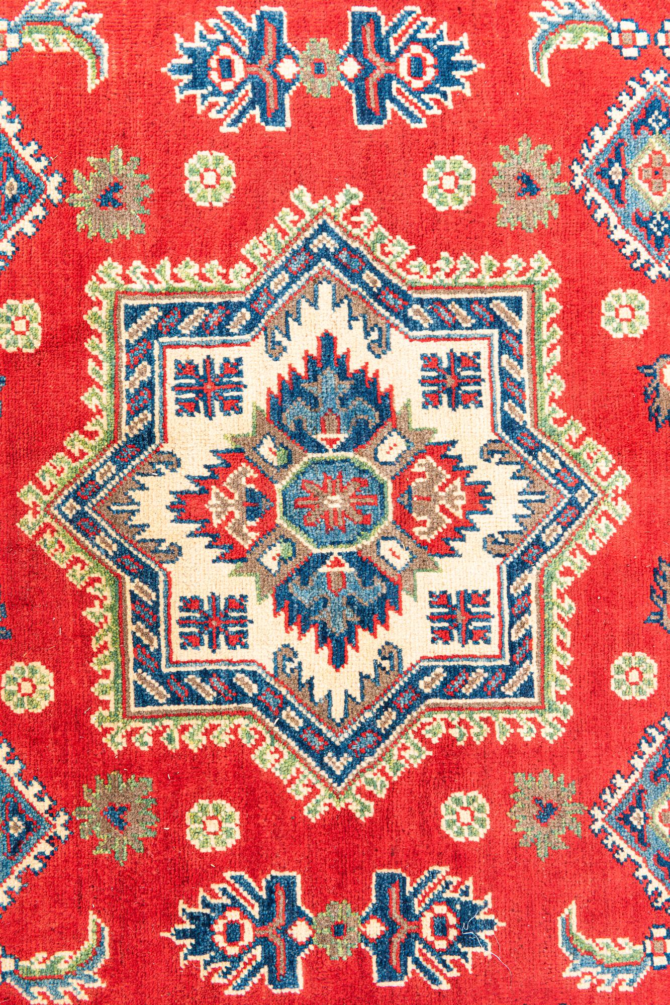 Red Color Kazak Hand-Knotted Wool Rug
