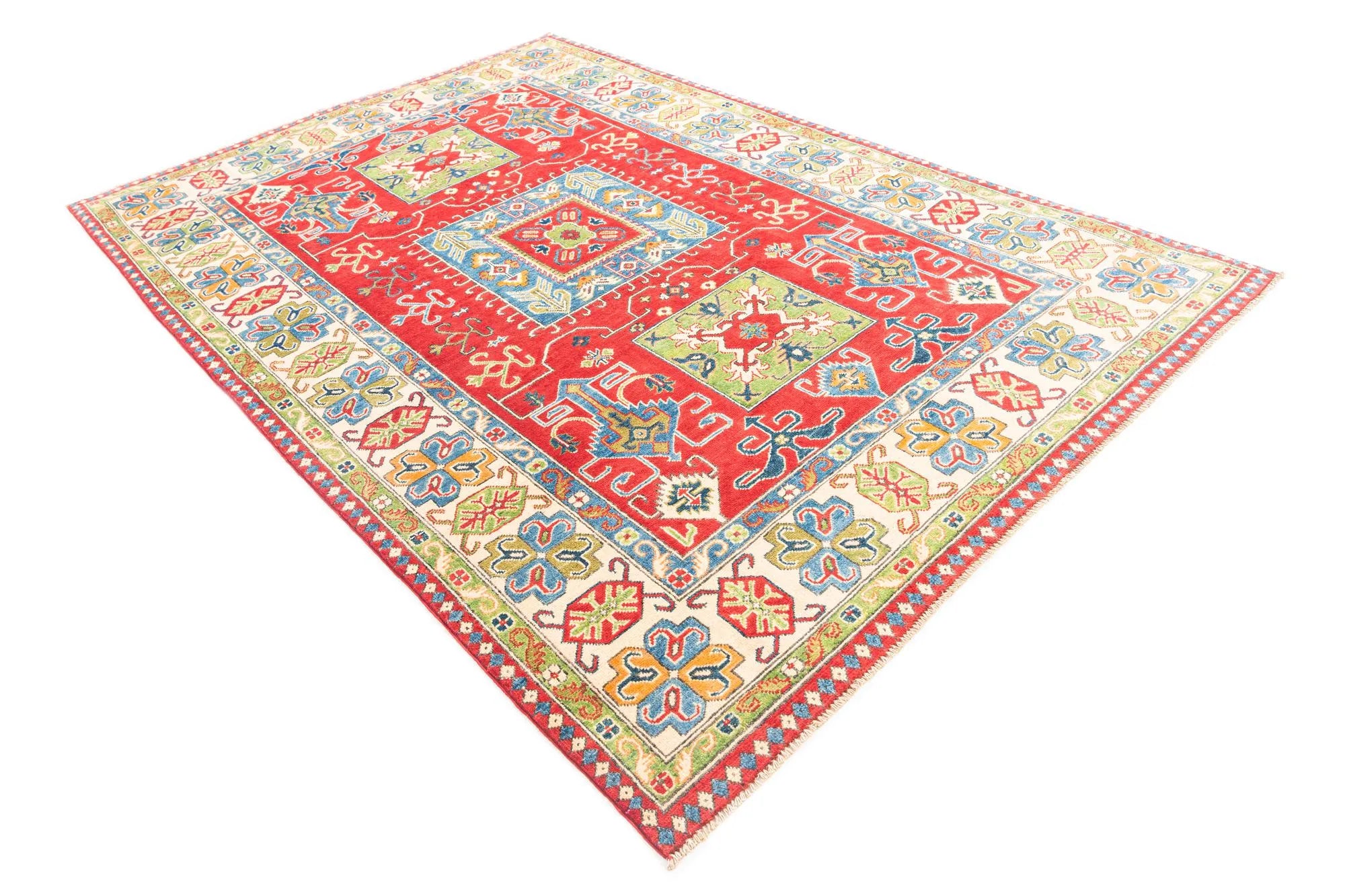 Red Color Kazak Hand-Knotted Wool Rug