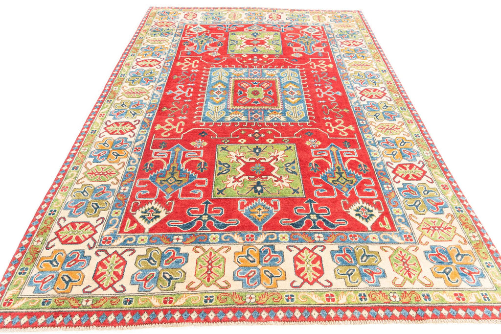 Red Color Kazak Hand-Knotted Wool Rug