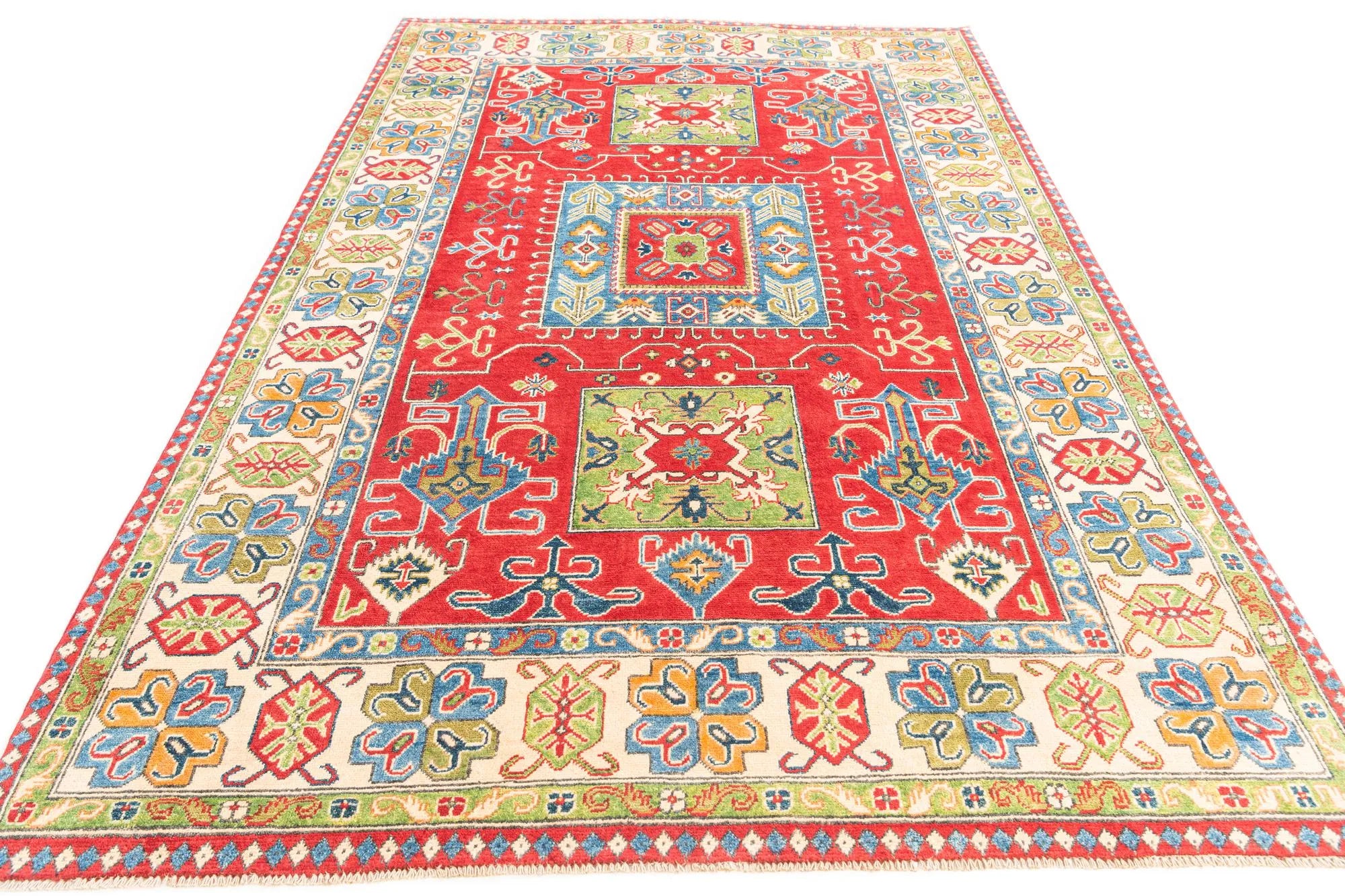 Red Color Kazak Hand-Knotted Wool Rug