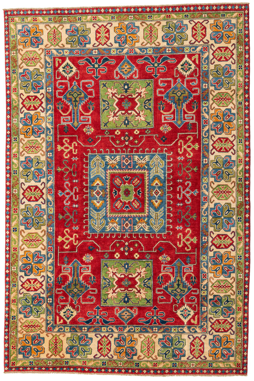 Red Color Kazak Hand-Knotted Wool Rug
