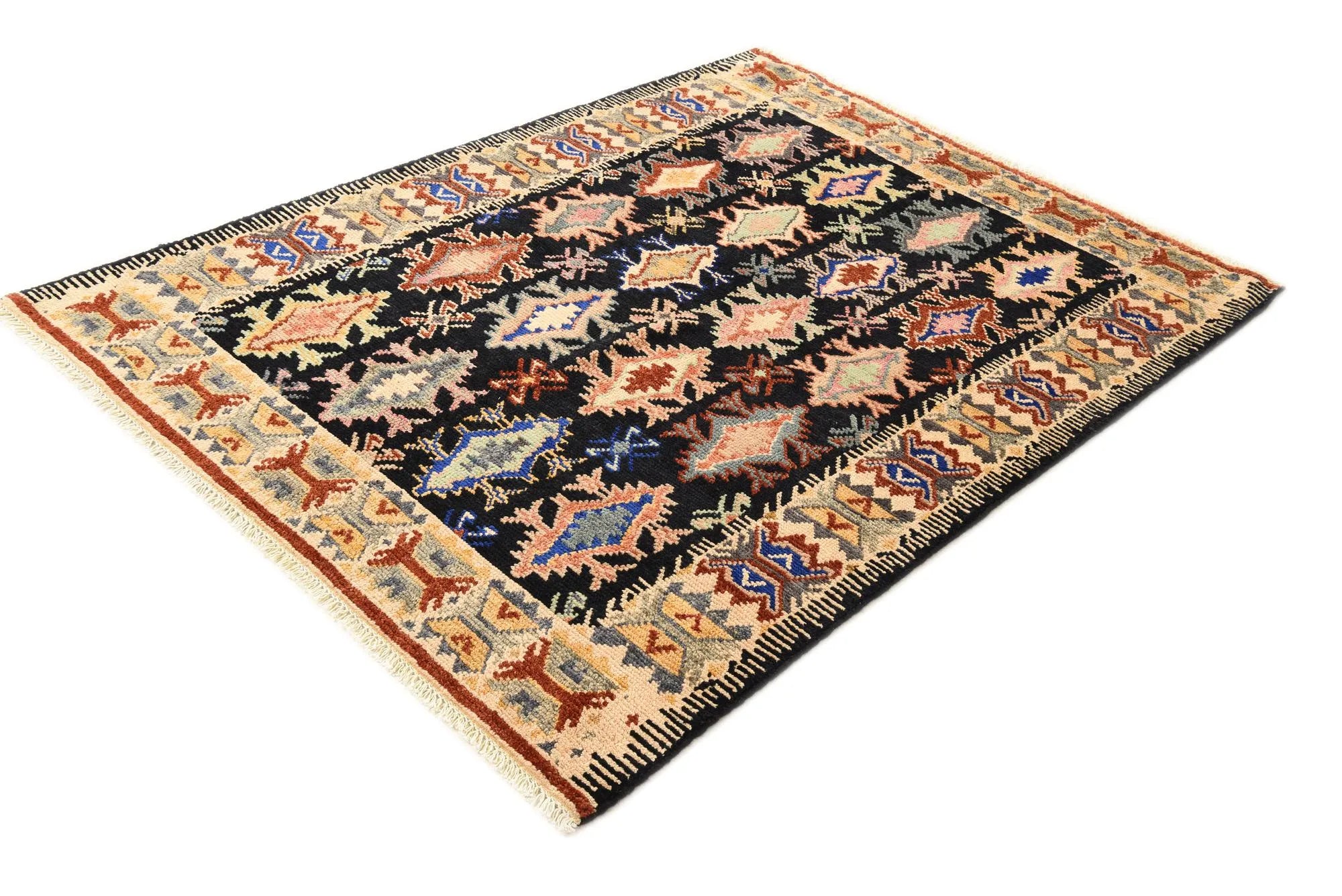 Black Color Kazak Hand-Knotted Wool Rug