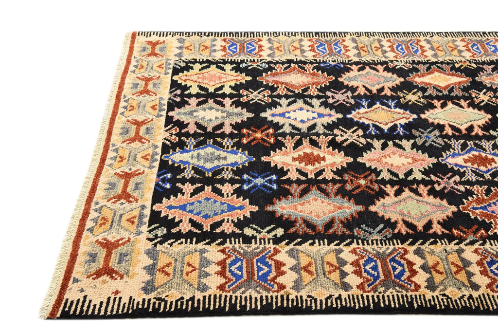 Black Color Kazak Hand-Knotted Wool Rug