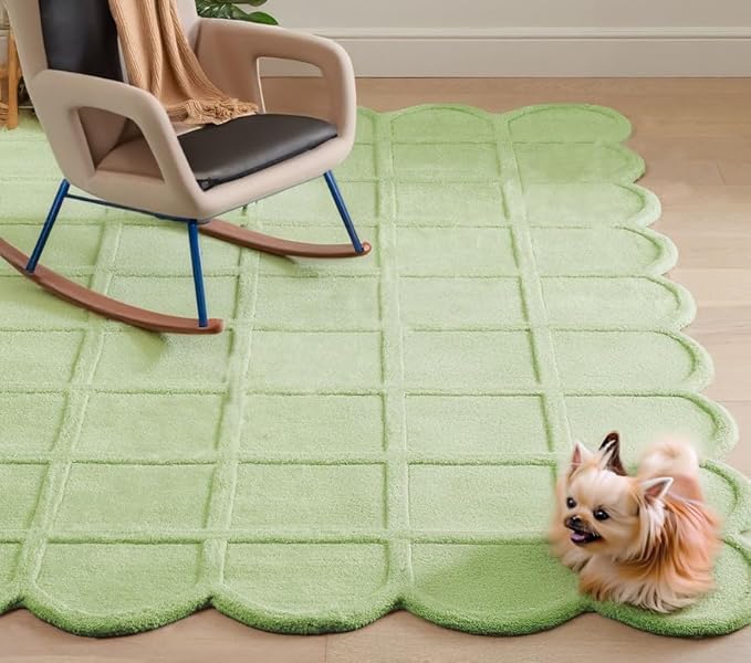 Pastel Green Modern Scalloped Edge Carpet, Hand-Tufted Area Rug for Living Room & Bedroom