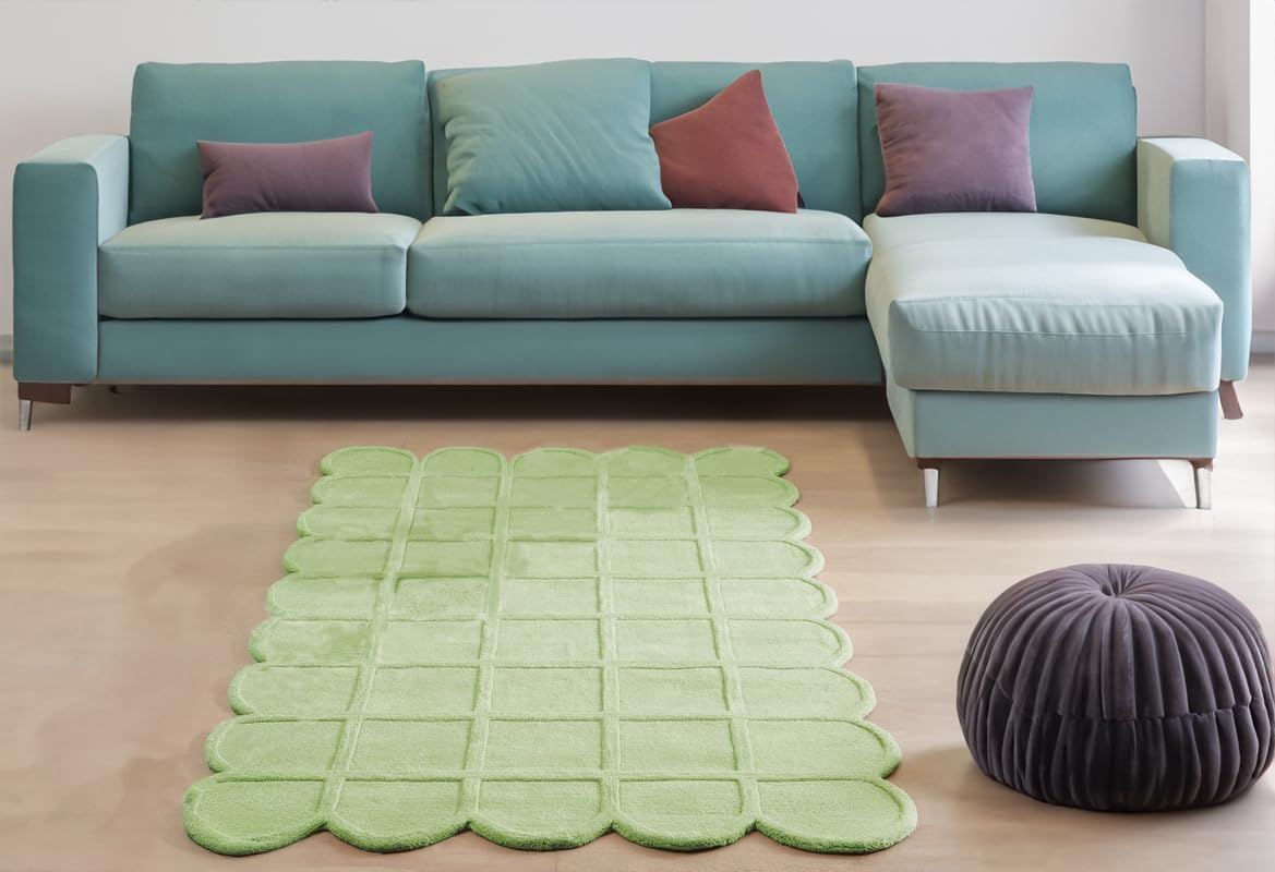 Pastel Green Modern Scalloped Edge Carpet, Hand-Tufted Area Rug for Living Room & Bedroom