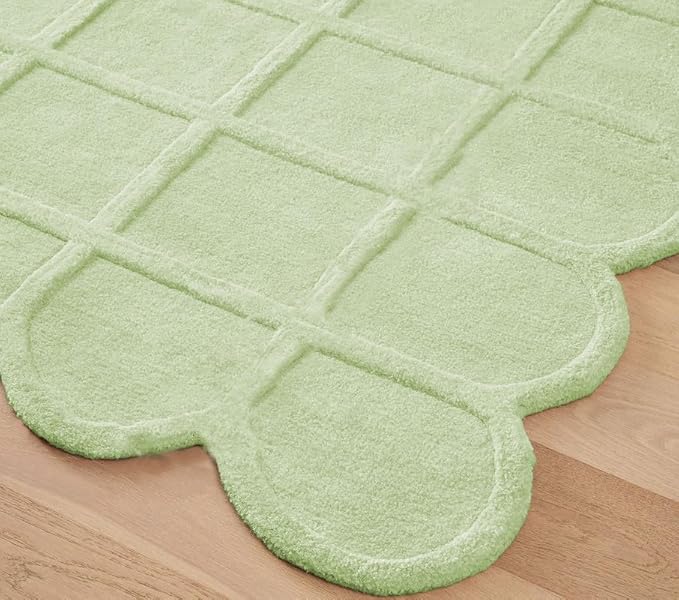 Pastel Green Modern Scalloped Edge Carpet, Hand-Tufted Area Rug for Living Room & Bedroom