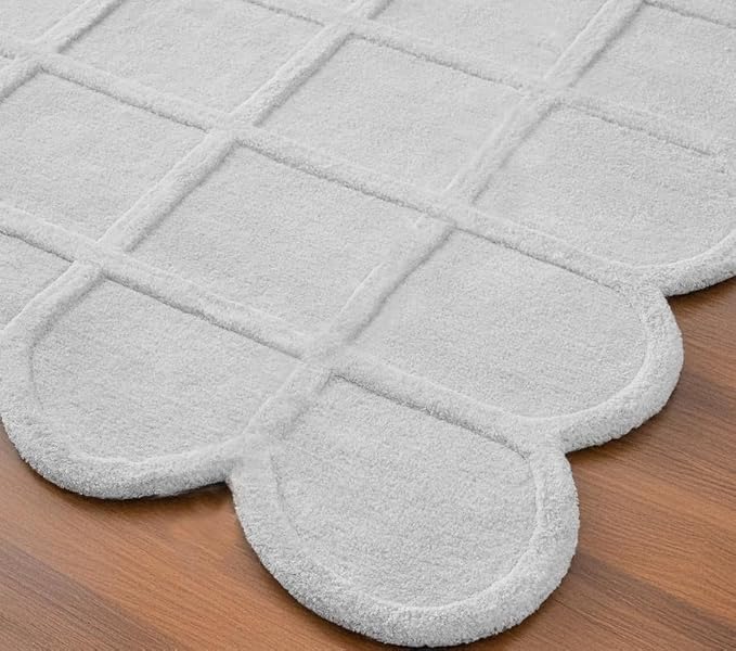 Silver Modern Scalloped Edge Carpet, Hand-Tufted Area Rug for Living Room & Bedroom