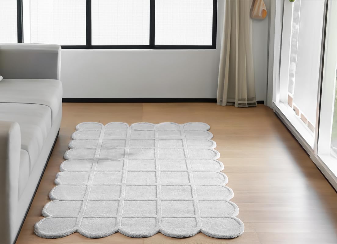 Silver Modern Scalloped Edge Carpet, Hand-Tufted Area Rug for Living Room & Bedroom