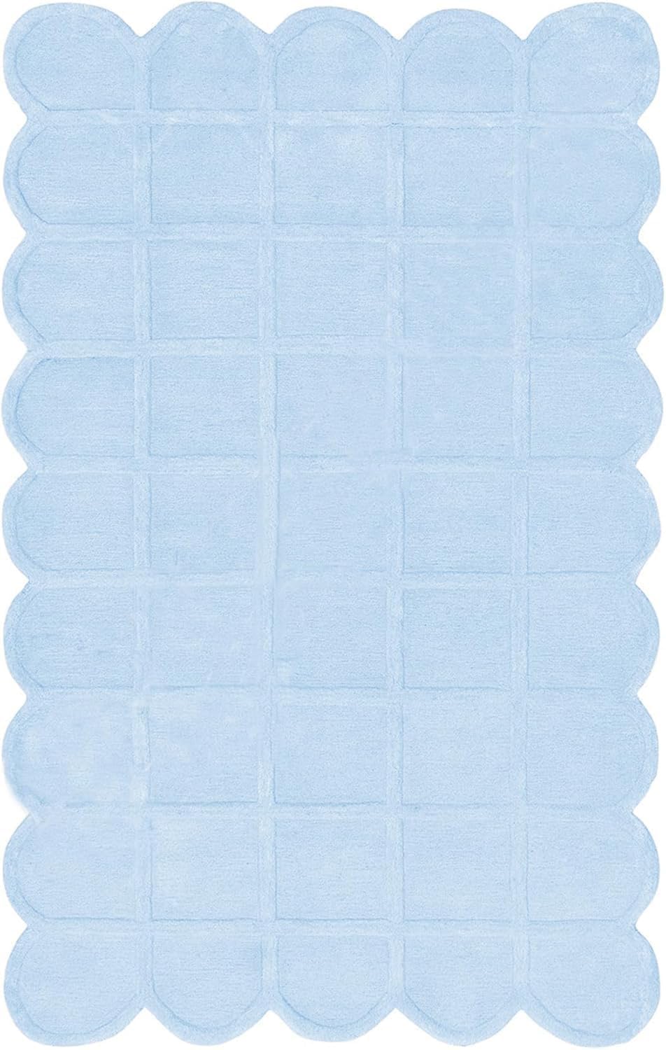 Lite Blue Modern Scalloped Edge Carpet, Hand-Tufted Area Rug for Living Room & Bedroom
