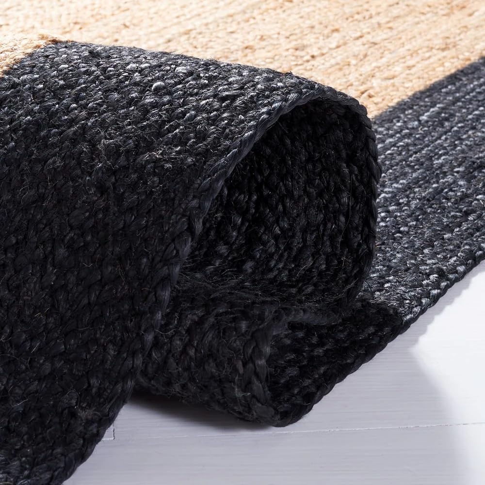 Natural Beige & Black Border Round Handmade Braided Jute Rug