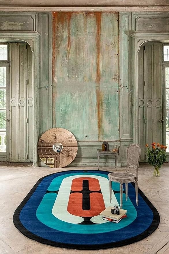 Blue Multicolor Oval Hand-Tufted Irregular Rug