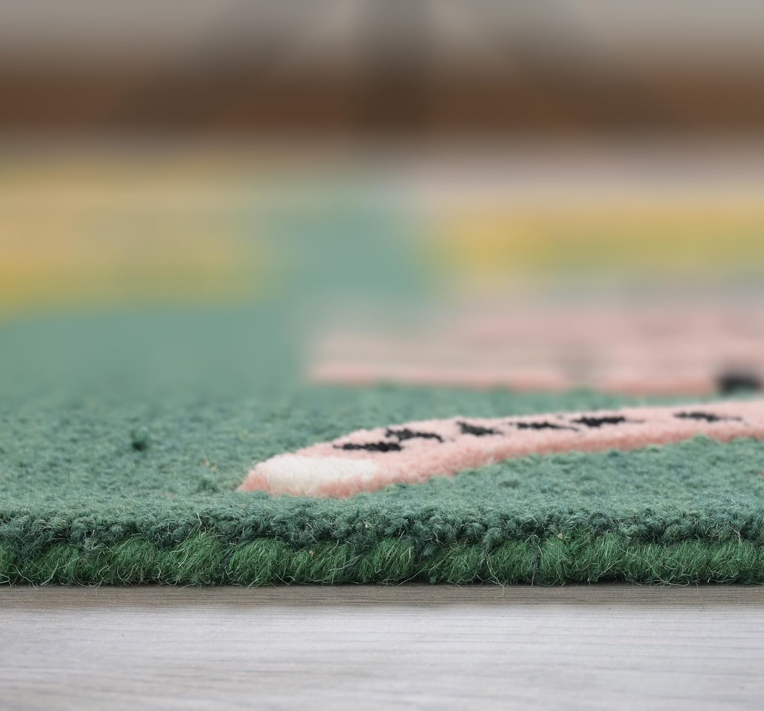 Handmade Wool Leopard Rug – Modern Green Area Rug with Pink & Yellow Cheetah Motifs