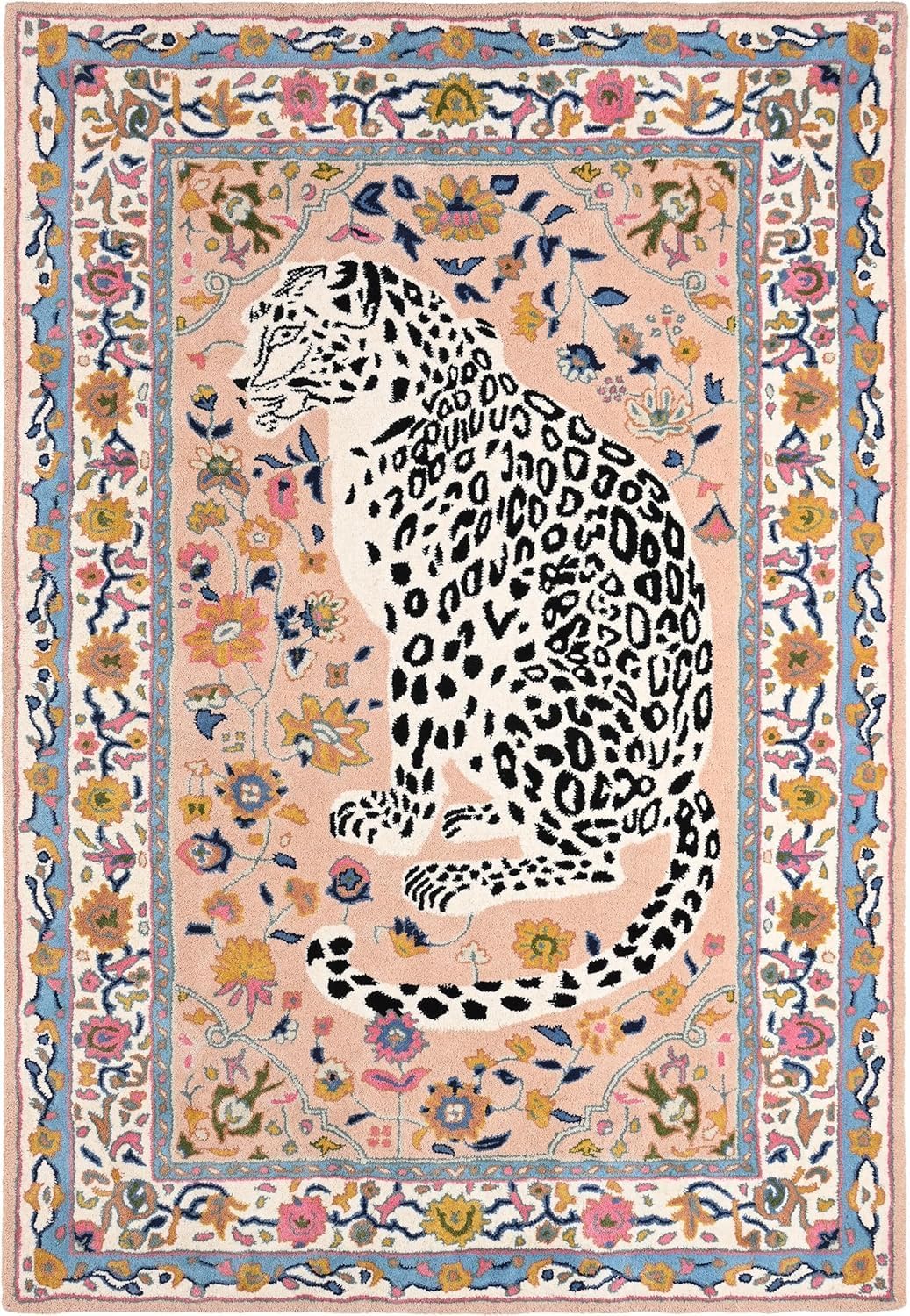 Handmade Wool Leopard Rug – Oriental Floral Border Animal Motif Rug