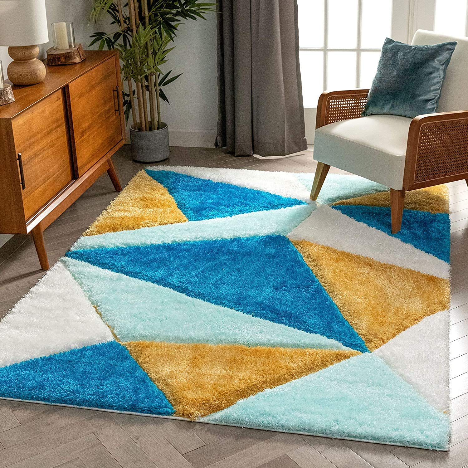 Sky Blue & Mustard Shaggy Carpet | Luxurious Handmade Microfiber Area Rug
