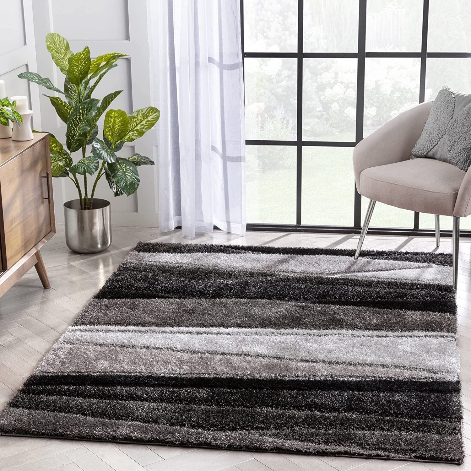 Black & Grey Stripes Carpet | Soft & Fluffy Microfiber Area Rug