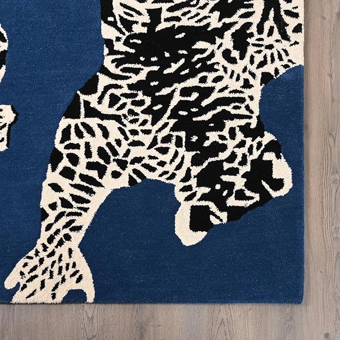 Navy Blue Handmade Climbing Jaguar Wool Area Rug