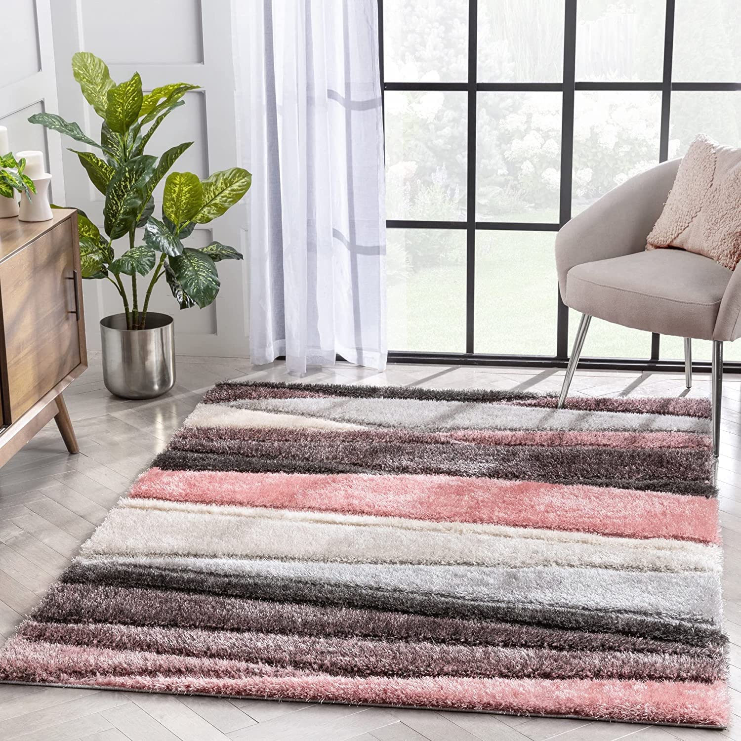 Blush Irregular Stripes Carpet | Soft & Fluffy Microfiber Area Rug
